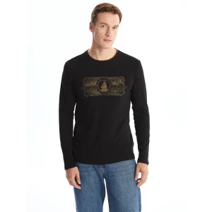 LCWAIKIKI Classic Siyah Bisiklet Yaka Uzun Kollu Baskılı Erkek Sweatshirt