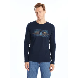 LCWAIKIKI Classic Lacivert Bisiklet Yaka Uzun Kollu Baskılı Erkek Sweatshirt