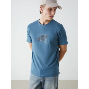 XSIDE Petrol Bisiklet Yaka Baskılı Penye Erkek Tişört