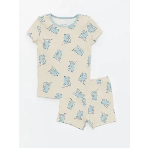LCW baby Bej Bisiklet Yaka Kısa Kollu Baskılı Erkek Bebek Şortlu Pijama Takımı