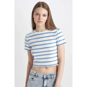 Defacto A7646 Mavi Coool Fitted Çizgili Ribana Kısa Kollu Tişört