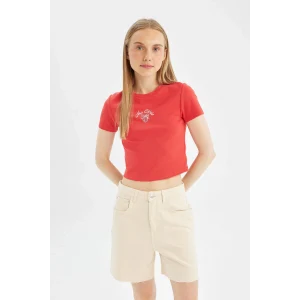 Defacto D3434 Kırmızı Coool Fitted Baskılı Ribana Kısa Kollu Tişört