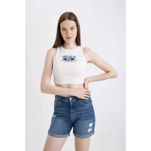 Defacto C9328 Beyaz Fitted Baskılı Bisiklet Yaka Fitilli Kaşkorse Atlet