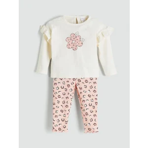 LCW baby Ekru Bisiklet Yaka Çiçek Desenli Kız Bebek Bluz ve Tayt 2li Takım