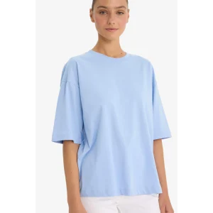 Defacto C0099 Mavi Oversize Geniş Kalıp Bisiklet Yaka Basic Düz Penye Kısa Kollu Tişört