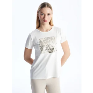 LCWAIKIKI Basic Ekru Bisiklet Yaka Baskılı Kısa Kollu Kadın Tişört