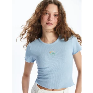 XSIDE Mavi Bisiklet Yaka Nakışlı Kısa Kollu Kadın Tişört