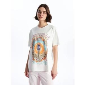 XSIDE Ekru Bisiklet Yaka Baskılı Kısa Kollu Kadın Tişört