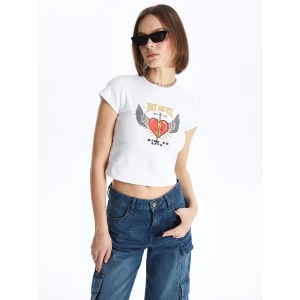 XSIDE Ekru Bisiklet Yaka Baskılı Kısa Kollu Crop Kadın Tişört