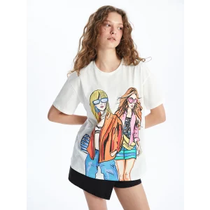 XSIDE Ekru Bisiklet Yaka Baskılı Kısa Kollu Kadın Tişört