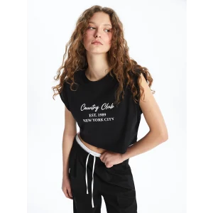 XSIDE Siyah Bisiklet Yaka Baskılı Kadın Crop