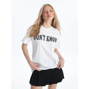 XSIDE Beyaz Bisiklet Yaka Baskılı Kısa Kollu Kadın Tişört