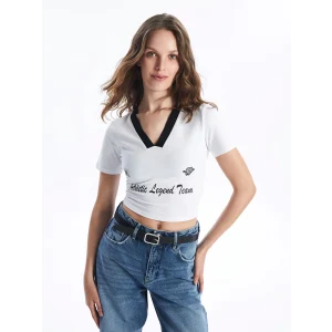 LCW Vision Beyaz V Yaka Baskılı Kısa Kollu Kadın Crop