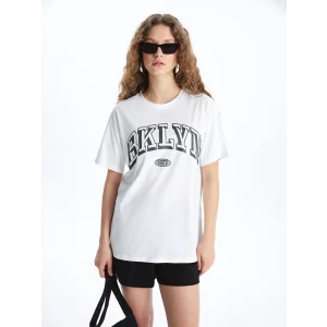 XSIDE Ekru Bisiklet Yaka Baskılı Kısa Kollu Kadın Tişört