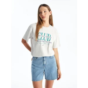 LCW Vision Gri Bisiklet Yaka Baskılı Kısa Kollu Oversize Kadın Tişört