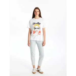 LCW Vision Beyaz Bisiklet Yaka Baskılı Kısa Kollu Kadın Tişört