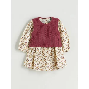 LCW Kids Ekru Bisiklet Yaka Uzun Kollu Desenli Kız Çocuk Elbise ve Süveter 2li Takım