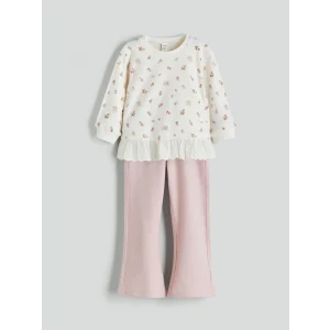 LCW Kids Ekru Bisiklet Yaka Baskılı Kız Çocuk Sweatshirt ve Tayt 2li