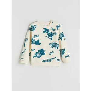 LCW Kids Bej Bisiklet Yaka Dinozor Baskılı Erkek Çocuk Sweatshirt