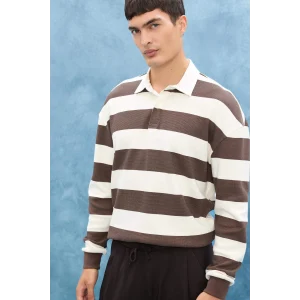 Defacto E8440AXBN539 Kahve Boxy Fit Polo Yaka Çizgili Waffle Sweatshirt