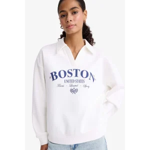 Defacto F1064AXER105 Ekru Relax Fit Polo Yaka Baskılı Kalın Sweatshirt