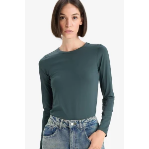 Defacto D3756AXGN536 Yeşil Slim Fit Dar Kesim Bisiklet Yaka Basic Düz Uzun Kollu Tişört