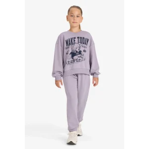 Defacto E6416A8PR314 Mor Kız Çocuk 2li Takım Baskılı Sweatshirt Eşofman Altı