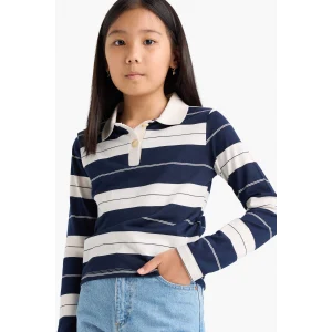 Defacto F2253A8NV42 Lacivert Kız Çocuk Fitted Polo Yaka Çizgili Uzun Kollu Tişört