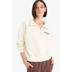 Defacto F1066AXBG759 Bej Regular Fit Yarım Fermuarlı Baskılı Kalın Sweatshirt