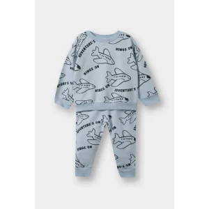 Defacto F0219A5BE523 Mavi Erkek Bebek 2li Takım Baskılı Sweatshirt Eşofman Altı