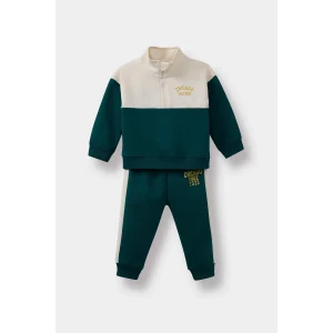 Defacto F3260A5GN671 Yeşil Erkek Bebek 2li Takım Baskılı Okul Fermuarlı Sweatshirt Eşofman Altı