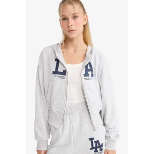 Defacto F8911AXGR210 Gri Coool Cropped Fit Kapüşonlu Baskılı Fermuarlı Sweatshirt