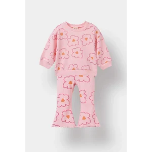 Defacto F0514A5PN99 Pembe Kız Bebek 2li Takım Çiçekli Sweatshirt İspanyol Paça Tayt