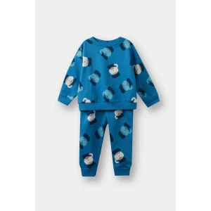 Defacto F0214A5BE535 Mavi Erkek Bebek 2li Takım Desenli Sweatshirt Eşofman Altı
