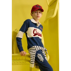 Defacto F2711A8BE829 Mavi Erkek Çocuk Oversize Geniş Kalıp Polo Yaka Nakışlı Uzun Kollu Okul Tişörtü