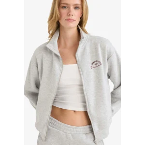 Defacto E9507AXGR93 Gri Relax Fit Yarım Balıkçı Yaka Baskılı Kalın Fermuarlı Sweatshirt