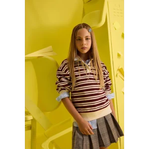 Defacto F8399A8BR194 Bordo Kız Çocuk Relax Fit Polo Yaka Çizgili Uzun Kollu Okul Tişörtü