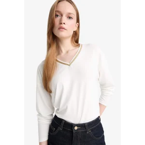 Defacto G0210AXER105 Ekru Regular Fit V Yaka Uzun Kollu Tişört