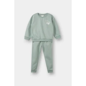 Defacto E8995A5GN50 Yeşil Kız Bebek 2li Takım İçi Yumuşak Tüylü Baskılı Sweatshirt Eşofman Altı