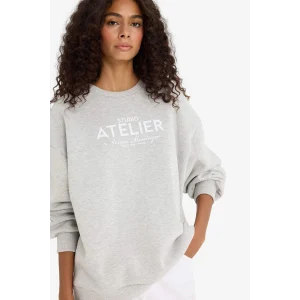 Defacto F0274AXGR93 Gri Oversize Geniş Kalıp Bisiklet Yaka Baskılı Kalın Sweatshirt