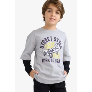 Defacto E9590A8GR160 Gri Erkek Çocuk Oversize Geniş Kalıp Bisiklet Yaka Baskılı Uzun Kollu Tişört