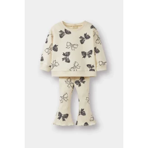 Defacto F0508A5ER99 Ekru Kız Bebek 2li Takım Fiyonk Desenli Sweatshirt İspanyol Paça Tayt