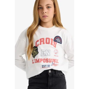 Defacto F7581A8ER105 Ekru Kız Çocuk Oversize Geniş Kalıp Bisiklet Yaka Baskılı Uzun Kollu Okul Tişörtü