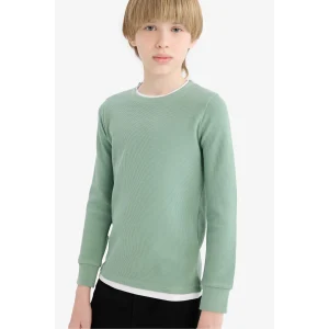 Defacto V1186A6GN1125 Yeşil Erkek Çocuk Bisiklet Yaka Basic Düz Waffle Uzun Kollu Okul Tişörtü