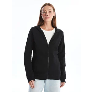 LCWAIKIKI Basic Siyah Kapüşonlu Kadın Kalın Fermuarlı Sweatshirt