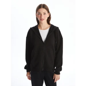 LCW Vision Siyah Kapüşonlu Oversize Kadın Kalın Fermuarlı Sweatshirt