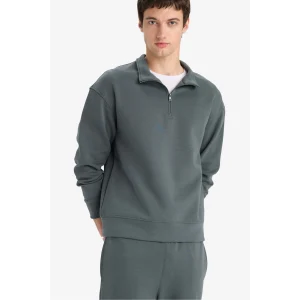 Defacto E9363AXGN498 Yeşil Boxy Fit Dik Yaka Yarım Fermuarlı Skuba Dalgıç Kumaş Sweatshirt