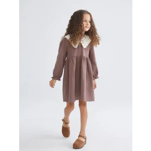 LCW Kids Kahverengi Bebe Yaka Kız Çocuk Müslin Elbise