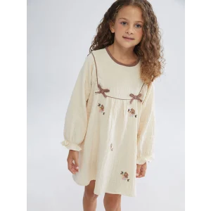 LCW Kids Bej Bisiklet Yaka Çiçekli Müslin Kız Çocuk Elbise