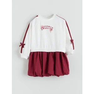 LCW Kids Ekru Bisiklet Yaka Baskılı Kız Çocuk Elbise